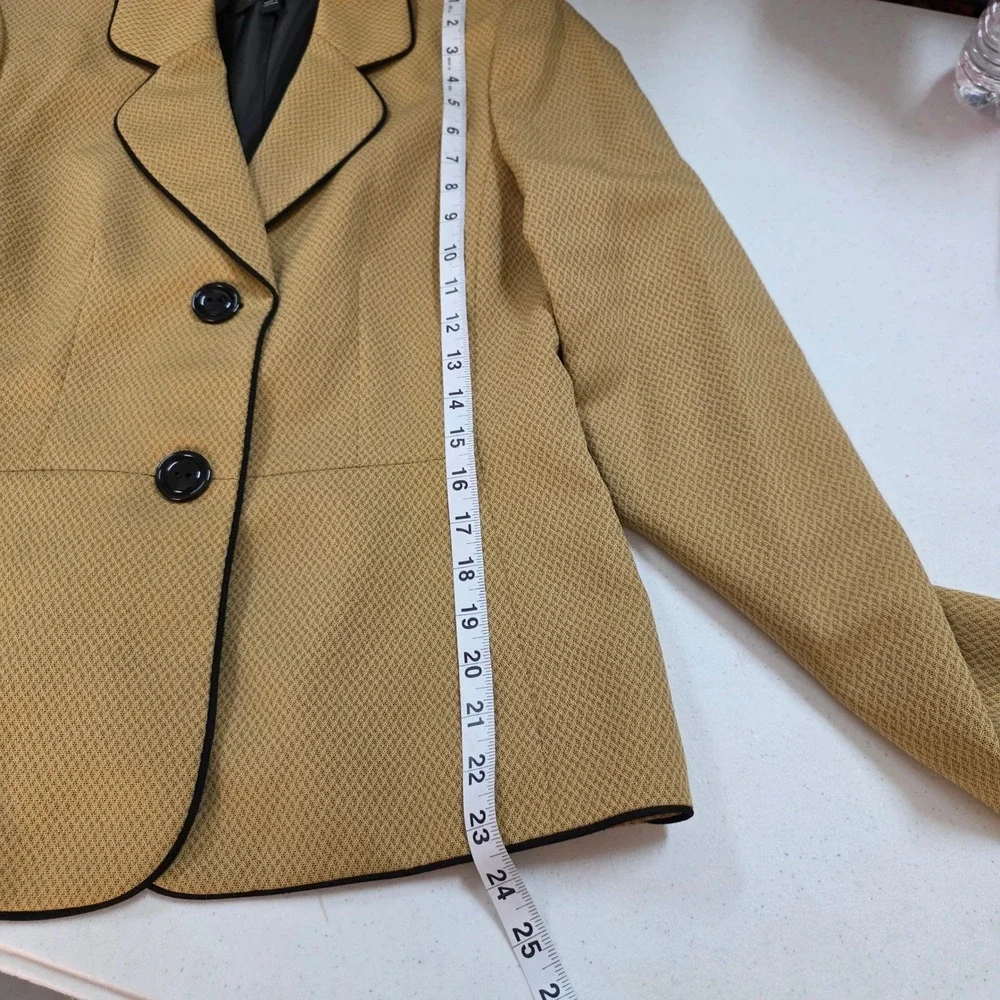 Kasper Womens Mustard Yellow Textured Blazer Black Piping Size 6 Professional